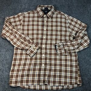 GAP Classic Plaid Flannel Shirt Long Sleeve Button Up Mens Size L Brown Orange